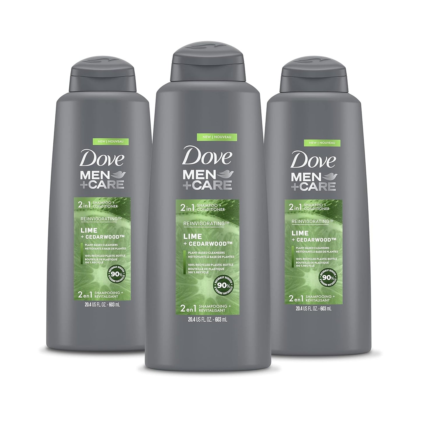DOVE MEN + CARE 2 in 1 Shampoo and Conditioner For Healthy-Looking Hair Lime + Cedarwood Naturally Derived Plant Based Cleansers 20.4 oz 3 Count