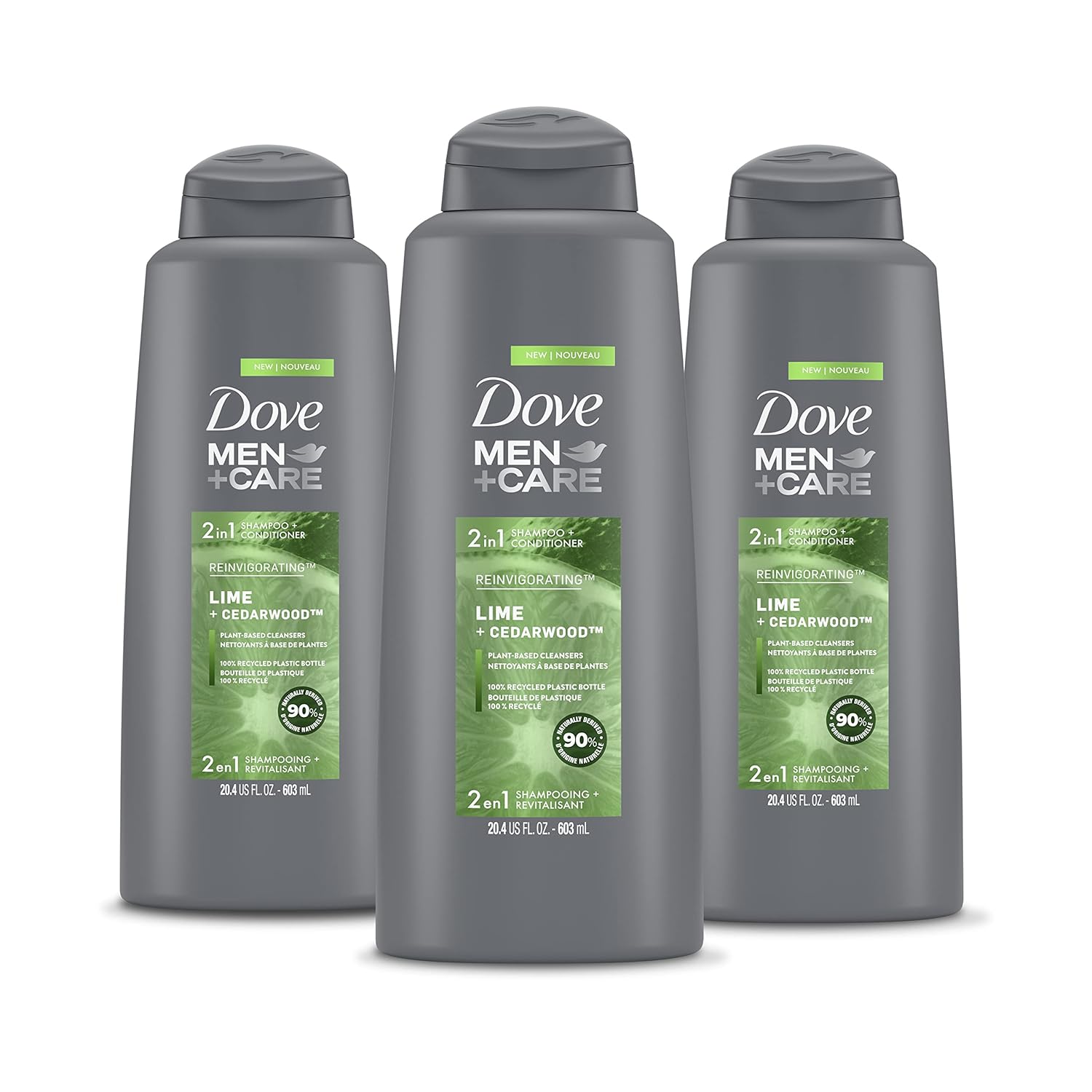 DOVE MEN + CARE 2 in 1 Shampoo and Conditioner For Healthy-Looking Hair Lime + Cedarwood Naturally Derived Plant Based Cleansers 20.4 oz 3 Count