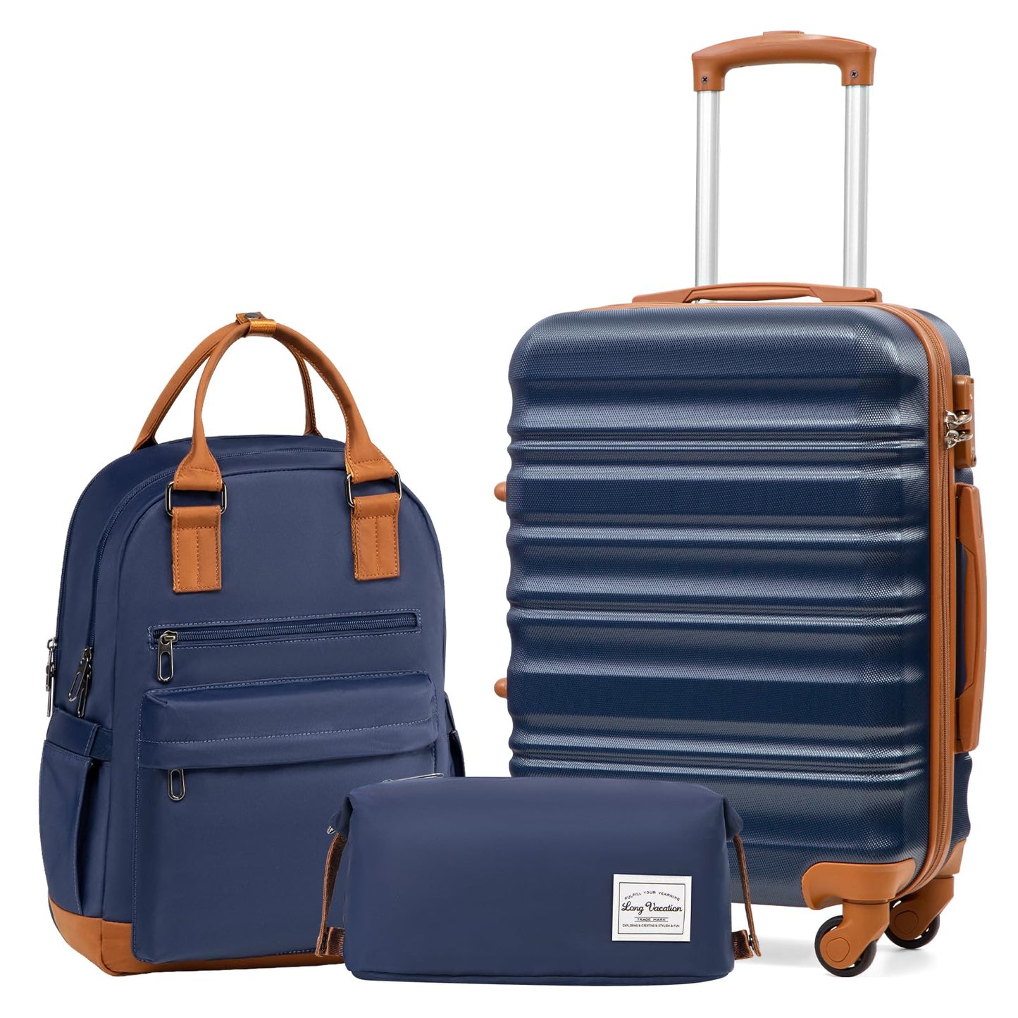LONG VACATION 6 Piece Luggage Set Carry on Suitcase with ABS+PC hardshell, Spinner Wheels & YKK Zipper TSA Lock (WHITE-BROWN, 6 piece set)