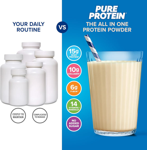 Pure Protein All-In-One Powder, Vanilla - Whey & Collagen, High Fiber, Vitamins, No Added Sugar, Non-GMO, Gluten-Free, 1.25lb