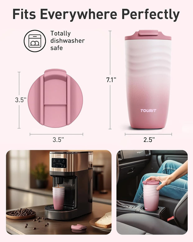 TOURIT 16 oz Travel Coffee Mug, Insulated Stainless Steel Travel Mug with Lid, Leak-Proof Double-Wall Vacuum Tumbler, Reusable Coffee Cup - Rose