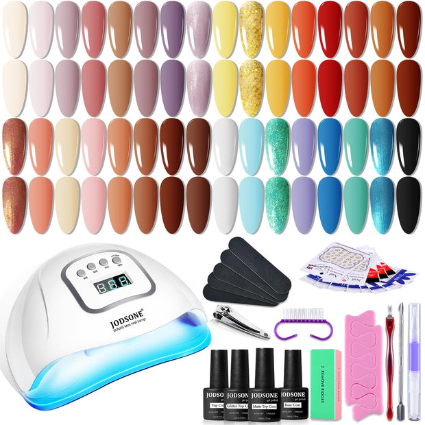 JODSONE Gel Nail Polish Kit with U V Light 32 Colors Gel Polish Nail + 4 Functional Adhesive Bottles Kit Soak Off Manicure Tools Gifts for Women