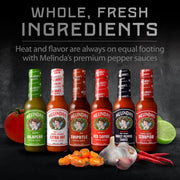 Melinda’s Pepper Sauce Challenge Collection - Extra Spicy Gourmet Hot Sauce Gift Set - Includes Jalapeño, Extra Hot Habanero, Chipotle, Red Savina, Ghost, Scorpion - 5 oz, 6 Pack