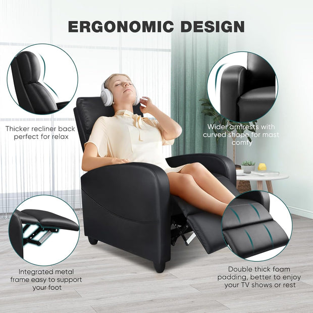 Recliner Chair for Living Room, Leather Home Theater Seating with Lumbar Support with Adjustable Backrest and Footrest, Modern Living Room Furniture with Padded Seat Backrest, Black