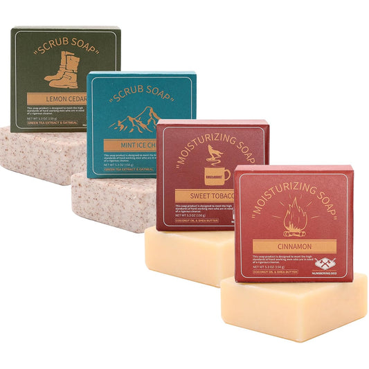 Rinse & Robust Mens Bar Soap 4Pcs Natural Soap Bar Set Cleansing Bar Moisturizing&Exfoliating Scrub Soap Gift Set for Men Face Body Hand Beard Wash 4 In 1 All Skin Type |5.3 oz of 4 Bars