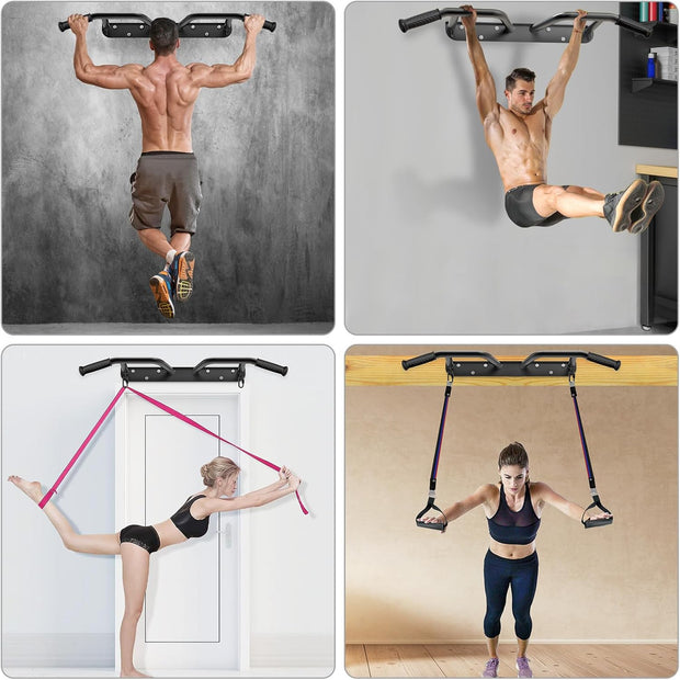 SELEWARE Heavy Duty Wall Mounted Doorway Pull Up Bar Fully Welded Multifunctional Chin Up Bar with Resistance Band Hooks & Ball Finger Training, 500LB Capacity Support Beam or Joist Mount