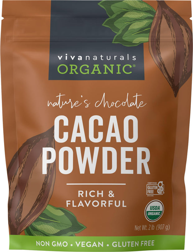 Viva Naturals Organic Cacao Powder, 1lb - Unsweetened Cacao Powder With Rich Dark Chocolate Flavor, Perfect for Baking & Smoothies, Non-GMO, Certified Vegan & Gluten-Free, 454 g