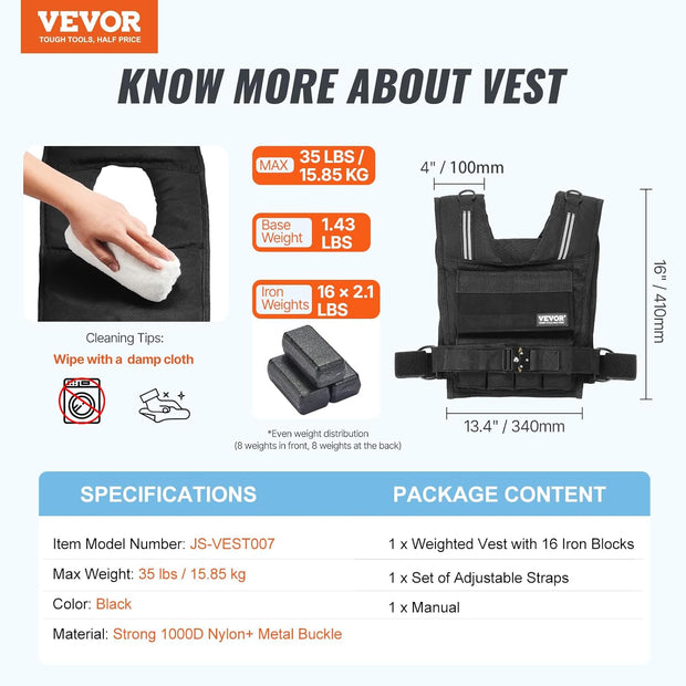 VEVOR Adjustable Weighted Vest, 11-20lb/20-32lbs/35lbs/40lbs Weight Vest with 6 Ironsand Weights and Reflective Stripe, Workout Equipment for Strength Training Running Jogging
