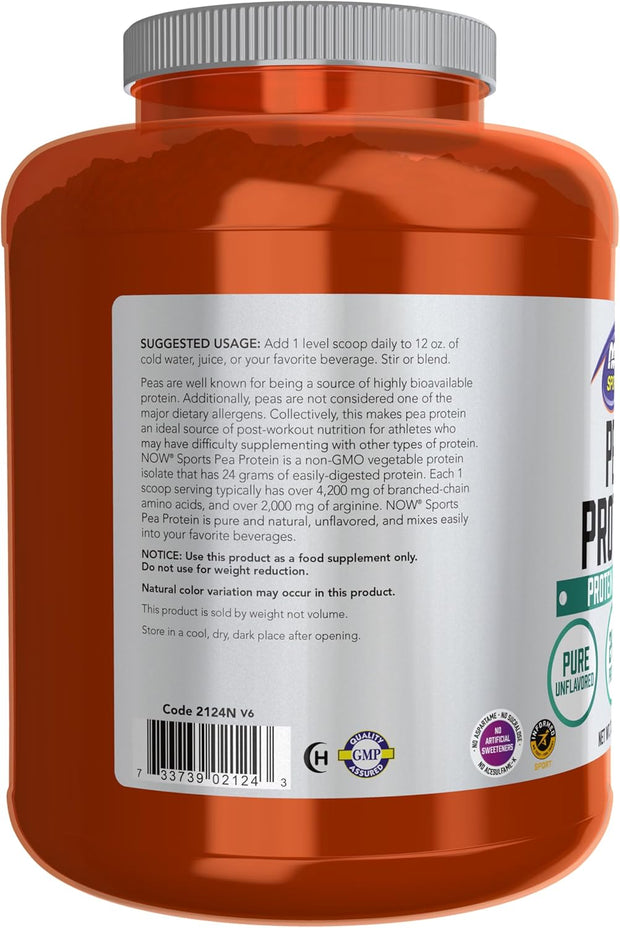 NOW Foods Sports Nutrition, Pea Protein 24 g, Fast Absorbing, Unflavored Powder, 7-Pound