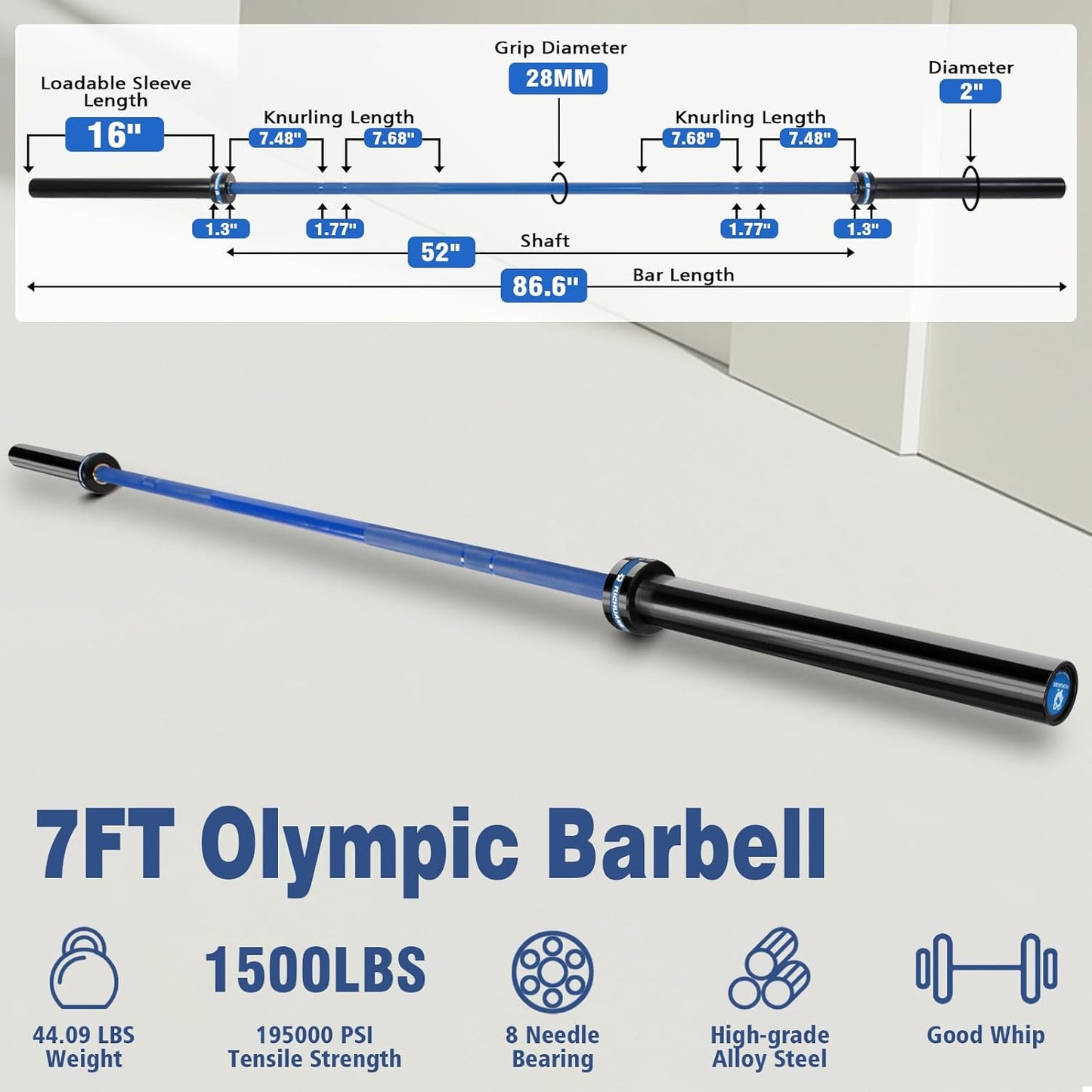 7ft Olympic Barbell – 1500LB Capacity 45LB Weightlifting Bar, 28mm Olympic Bar with Bearings, Fits 2" Plates, Alloy Steel Power Bar for Home Gym Strength Training