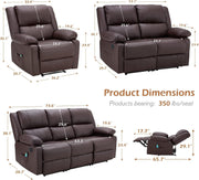 YODOLLA 3 PCS Recliner Sofa Set for Living Room Furniture Set，Overstuffed Leather Reclining Sofa with Massage&Heat Function, Manual Control Couch Set，Theater Lounge Seat with Side Pockets, Brown