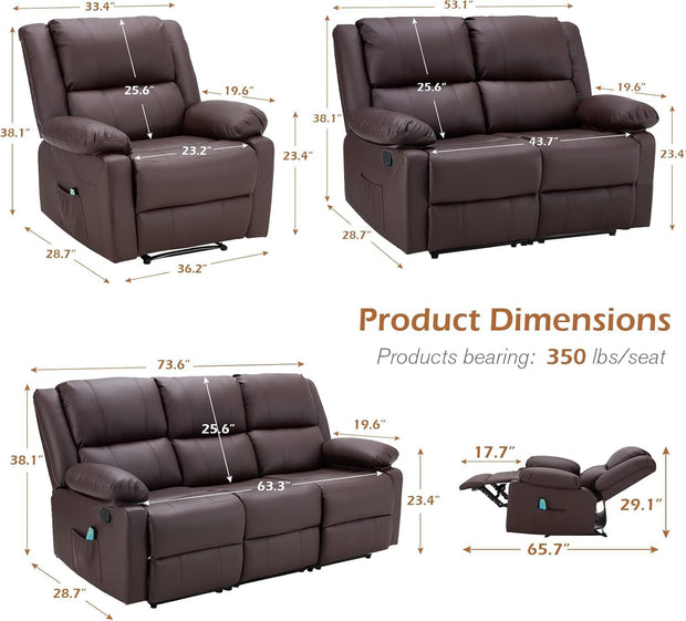 YODOLLA 3 PCS Recliner Sofa Set for Living Room Furniture Set，Overstuffed Leather Reclining Sofa with Massage&Heat Function, Manual Control Couch Set，Theater Lounge Seat with Side Pockets, Brown