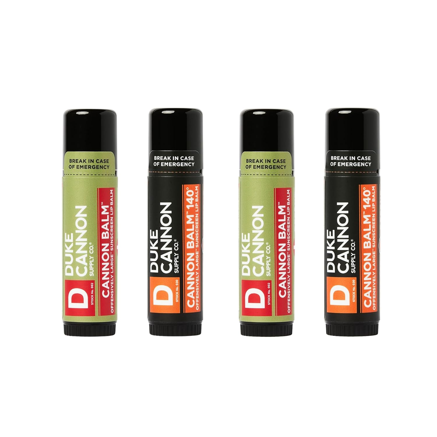 Duke Cannon Cannon Lip Balm 140° & Tactical Lip Protectant Bundle - SPF 30 & SPF 15, Blood Orange Mint & Fresh Mint Flavors, 4-Pack (2 Pack Each Flavor)