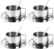 ZENFUN 4 Pack 6.8 oz Coffee Cups Set, 18/8 Stainless Steel Espresso Cup with Saucer and Spoon, Cute Coffee Mugs with Handle, Drinkware Cup for Latte, Cappuccino, Milk, Tea