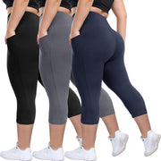 HLTPRO 3 Pack Plus Size Leggings with Pockets for Women - Black High Waisted Tummy Control Soft Yoga Pants for Gym Workout