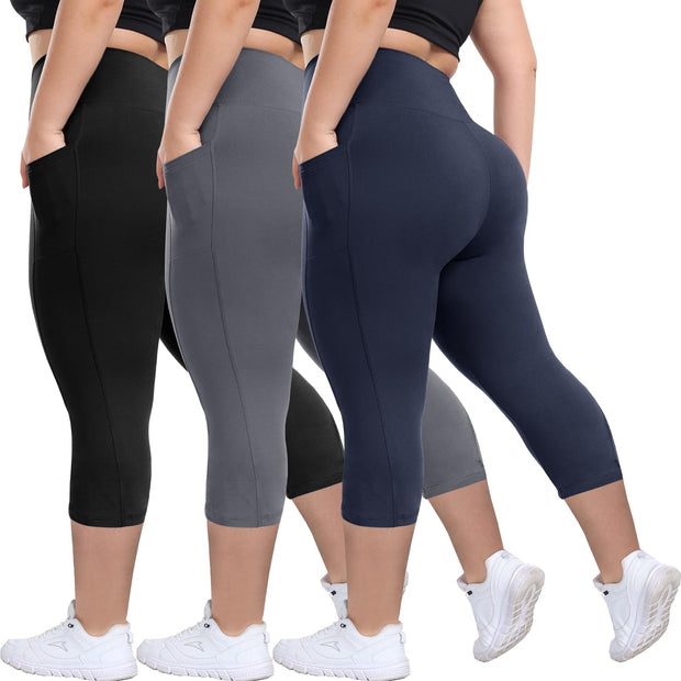 HLTPRO 3 Pack Plus Size Leggings with Pockets for Women - Black High Waisted Tummy Control Soft Yoga Pants for Gym Workout