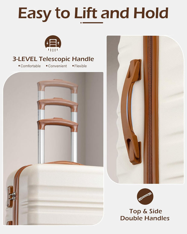 LONG VACATION 6 Piece Luggage Set Carry on Suitcase with ABS+PC hardshell, Spinner Wheels & YKK Zipper TSA Lock (WHITE-BROWN, 6 piece set)