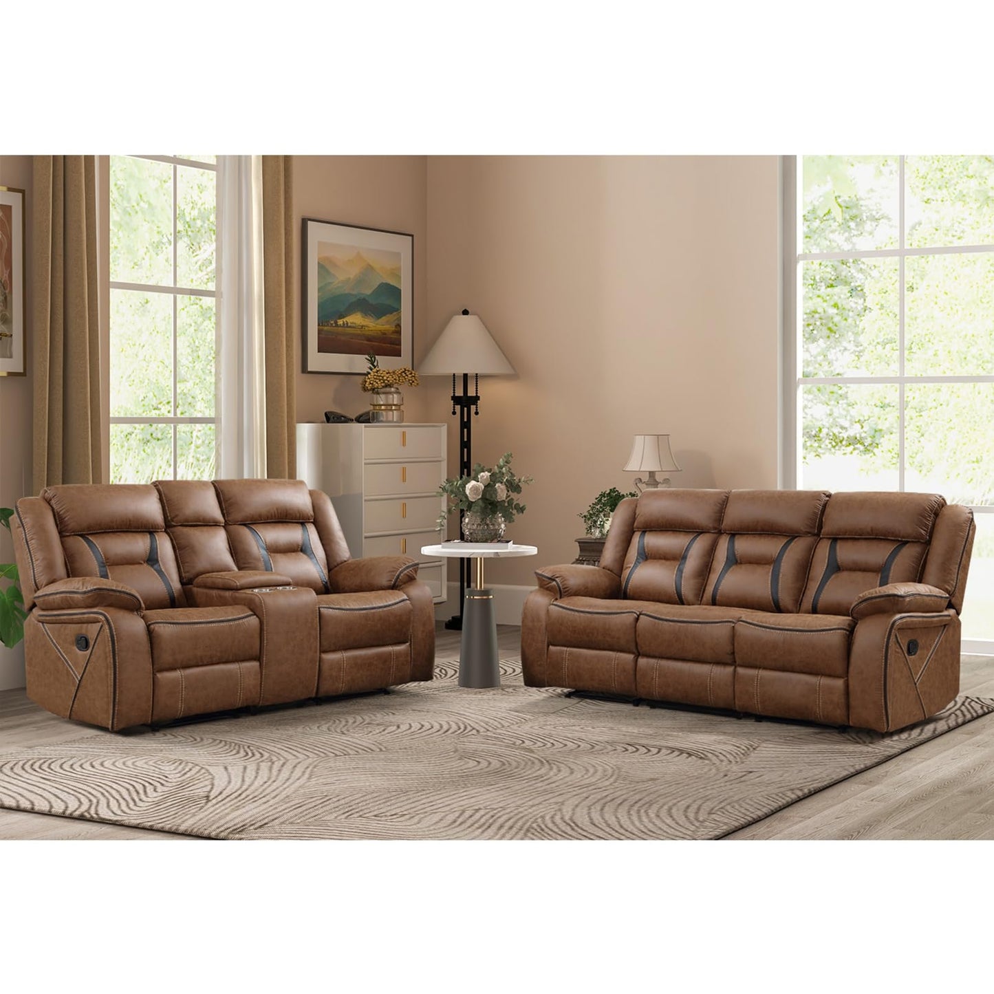 Faux Leather Recliner Sofa Furniture Set for Living Room, 2 Recliner Chairs, 3 Seat Reclining Sofa Couch Set for Meeting Room, Brown