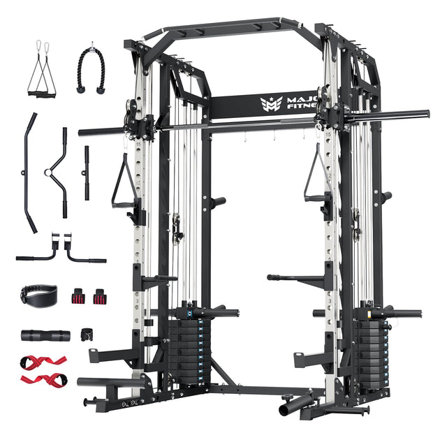 Major Fitness Drone2 Advanced Training Smith Machines– All-in-One Home Gym Squat Rack with Aluminum Pulley Set , Weight Bar, Dual LAT Pull-Down Systems & Cable Crossover Machine for Full-Body Workouts