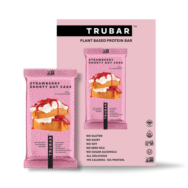TRUBAR Vegan Protein Bar, Strawberry Shorty Got Cake, Gluten Free, Plant Based Protein, Dairy Free, Non GMO, Soy Free, No Sugar Alcohols, 12G Protein, 12G Fiber, 23G Carb, On the Go Snack Bars, 12 CT