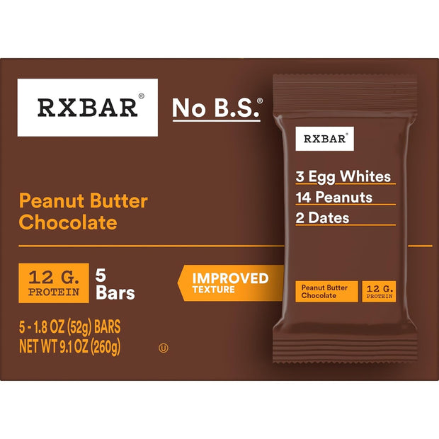 RXBAR Protein Bars, Protein Snack, Snack Bars, Peanut Butter Chocolate, 9.1oz Box (5 Count)