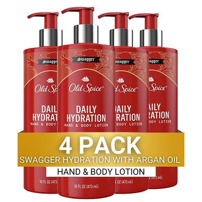 Old Spice Hand & Body Lotion for Men, Daily Hydration, 24/7 Hydration, 24/7 Replenishing Rich Moisture for Dry Skin, Lightweight Formula, Swagger with Argan Oil Scent, 16 fl (Pack of 4)