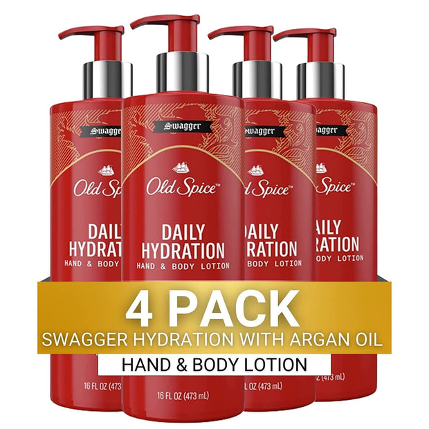 Old Spice Hand & Body Lotion for Men, Daily Hydration, 24/7 Hydration, 24/7 Replenishing Rich Moisture for Dry Skin, Lightweight Formula, Swagger with Argan Oil Scent, 16 fl (Pack of 4)