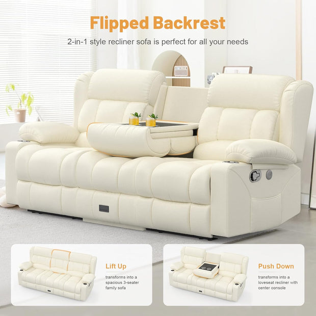 Loveseat Recliner Sofa, Flip Middle Backrest Design PU Leather 3 Seat Reclining Sofa with Storage Drawer, Manual Couch for Living Room (Ivory White, PU)