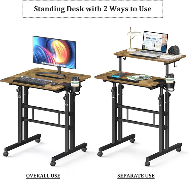Small Standing Desk with Wheels, Mobile Stand Up Desk, Portable Standing Table on Wheels for Walking Pad, Rolling Computer Desk Adjustable Height, Tall Table