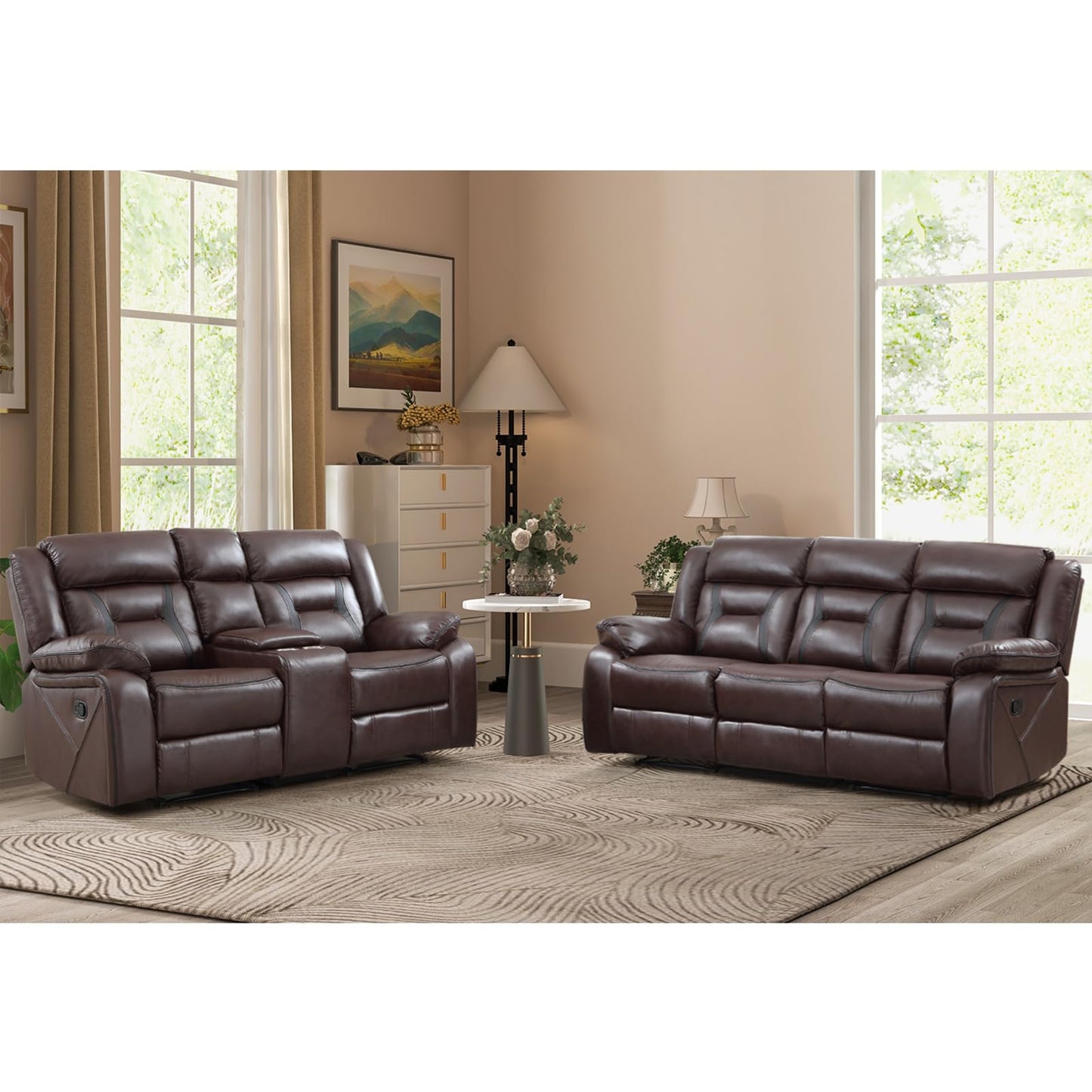 Faux Leather Recliner Sofa Furniture Set for Living Room, 2 Recliner Chairs, 3 Seat Reclining Sofa Couch Set for Meeting Room, Brown
