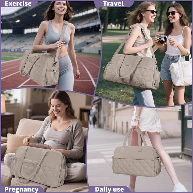 Quilted Puffer Duffle Bag for Women, Gym Bag Women, Ultra Lightweight Weekender Bags for Travel, Brown TILYMOL