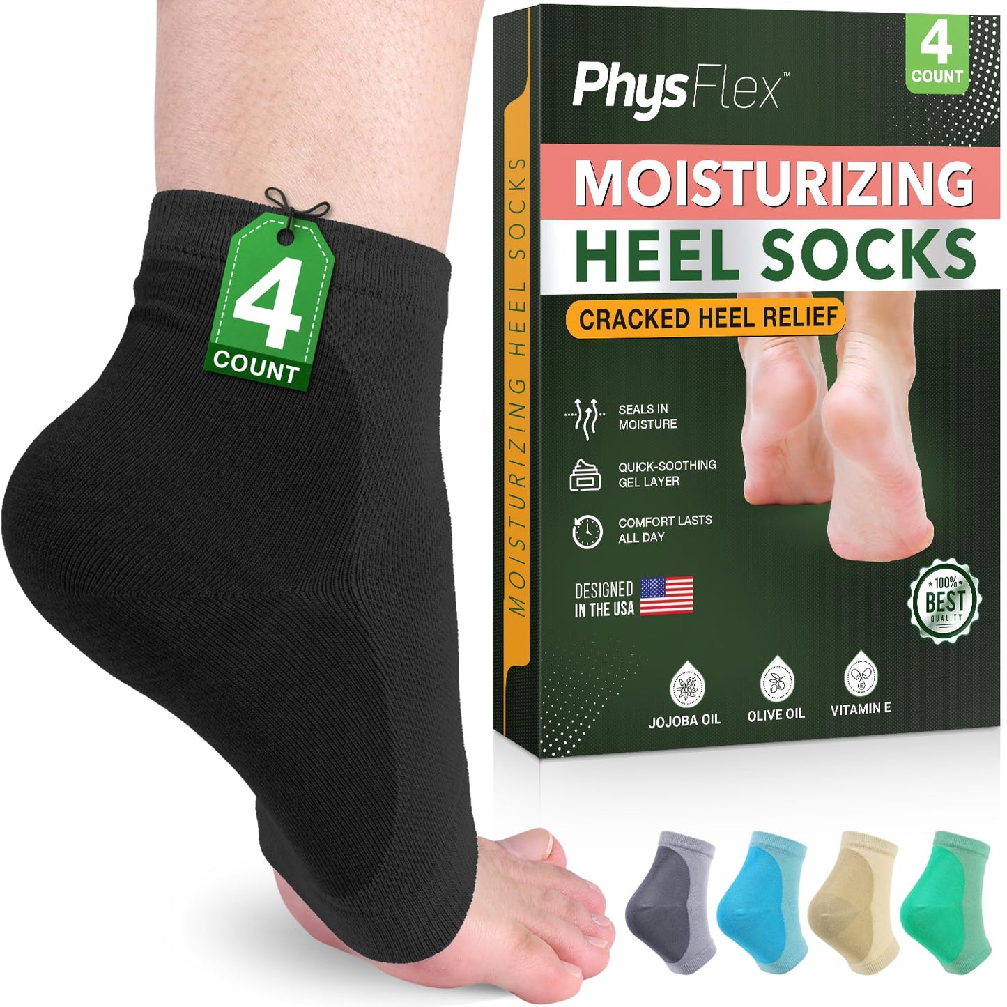 4-Pack Moisturizing Heel Socks for Cracked Heels - Gel Socks for Dry Cracked Feet Repair - Silicone Socks for Women and Men Foot Treatment & Overnight Hydration (Gray)