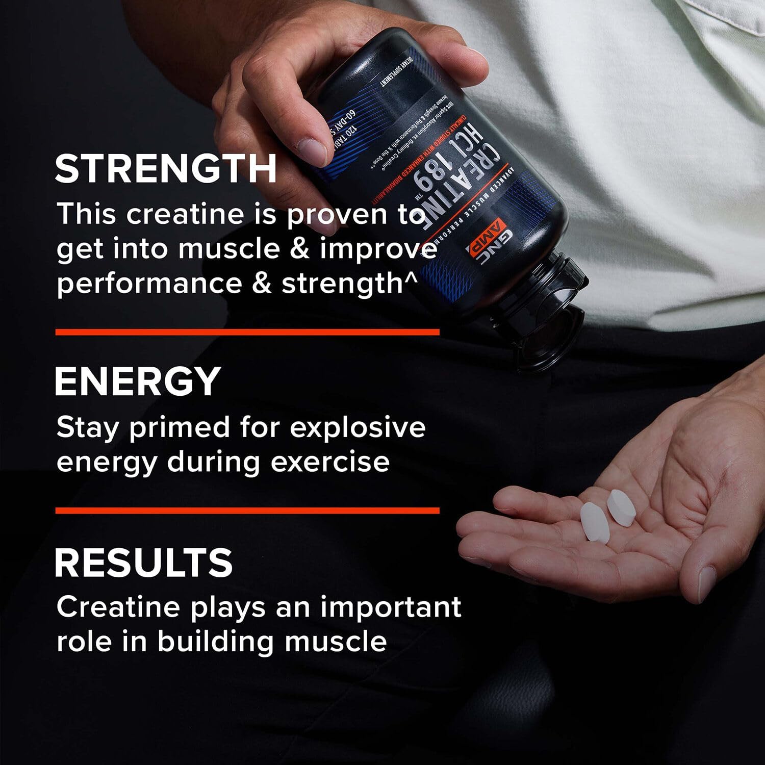 GNC AMP Creatine HCl 189 Pills, Clinically Proven Strength & Muscle Builder, Athletic Performance, Energy Production, Recovery Supplement, Fast Absorbing, Gluten Free Formula, 60 Servings