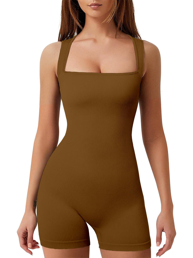 Women's Workout Seamless Romper Yoga Ribbed Bodycon One Piece Square Neck Shorts Jumpsuit