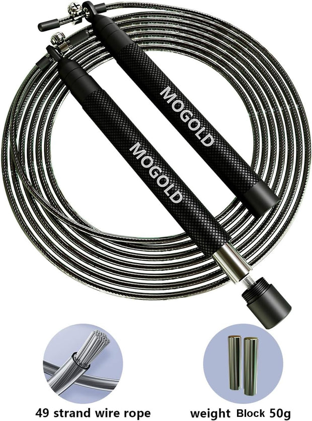 speed jump rope incl. 2 PVC Steel Cables 2.0mm/3.0mm| Ideal for Crossfit, Fitness, Boxing and Easy Double Under | Metal Jump Rope with Weights for Fitness Women and Men Premium Bearing Balls | Carry Pouch&Spare Screws