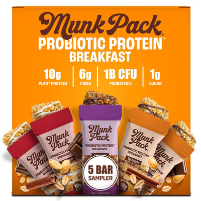 Munk Pack Sampler Pack Probiotic Protein Snack Bars Stocking Stuffers | 10g Plant Protein, 1g Sugar, 6g Fiber |Diabetic-Friendly Ideal Breakfast Bars - On-the-Go Snacks, Gluten-Free, Non-GMO | 5 Count