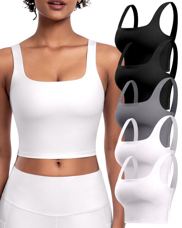 Womens Sports Bras 5 Packs - Square Neck Longline Workout Crop Tank Tops Padded Yoga Camisole with Built in Pads