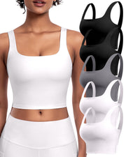 Womens Sports Bras 5 Packs - Square Neck Longline Workout Crop Tank Tops Padded Yoga Camisole with Built in Pads