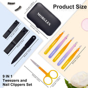 MORGLES Tweezers Set, Professional Nail Clippers and Tweezer Kit for Women and Men with Leather Travel Case, 9 Pack