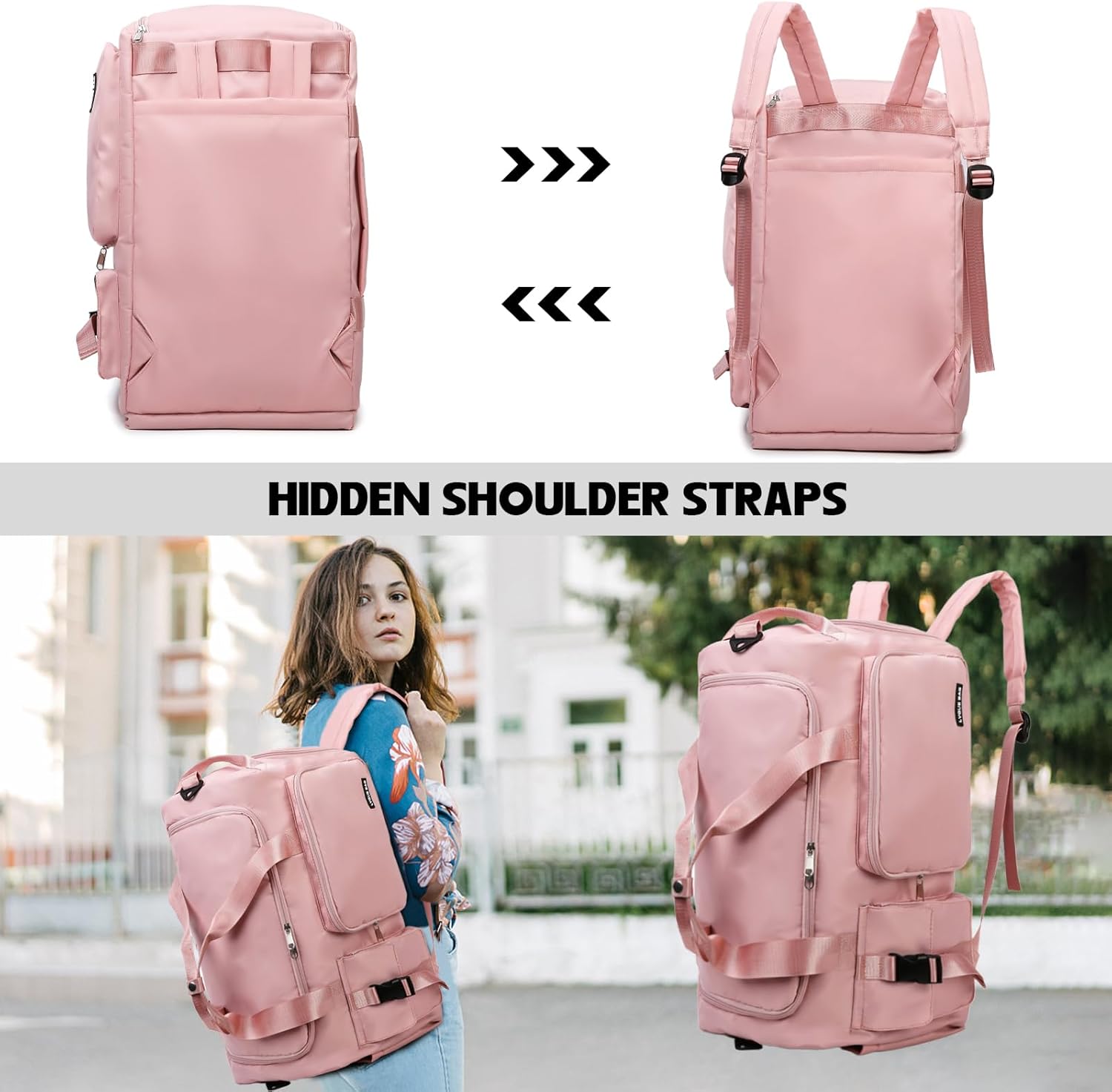 Eslcorri Gym Duffle Bag for Women Men, Sports Backpack with Wet & Shoe Compartment, Fitness Overnight Weekender Bag for Yoga, Swim, Travel (Style B, GreenPink)
