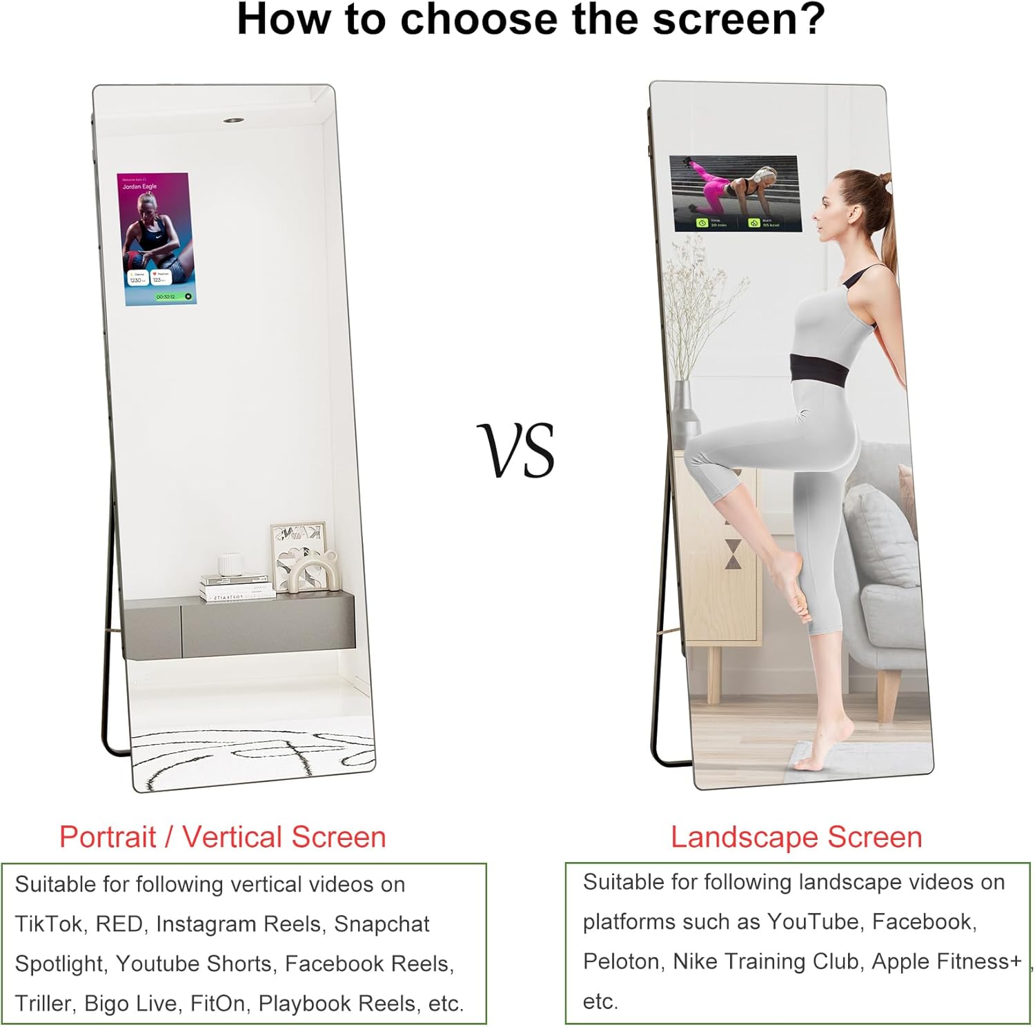 Smart Home Gym Mirror 65"x23.6", Trainer Workout Mirror with 14" Screen Display, Support Phone Casting Function, Follow Tiktok Videos to Do yoga,Dancing, Exercise Fitness(Portrait Screen for TikTok)