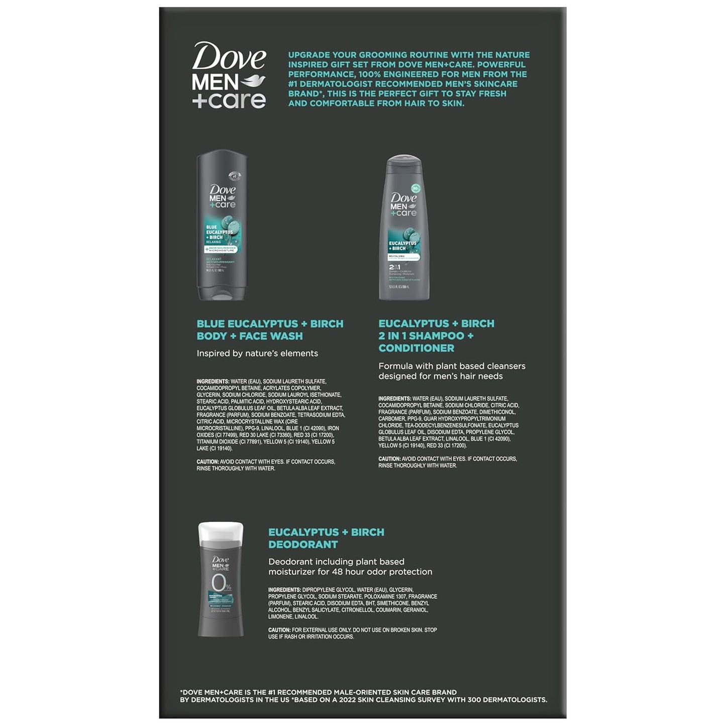 Dove Men + Care Bundle – Blue Eucalyptus + Birch Body + Face Wash, 2-in-1 Shampoo + Conditioner & 48H Aluminum-Free Deodorant (3 Piece Set)