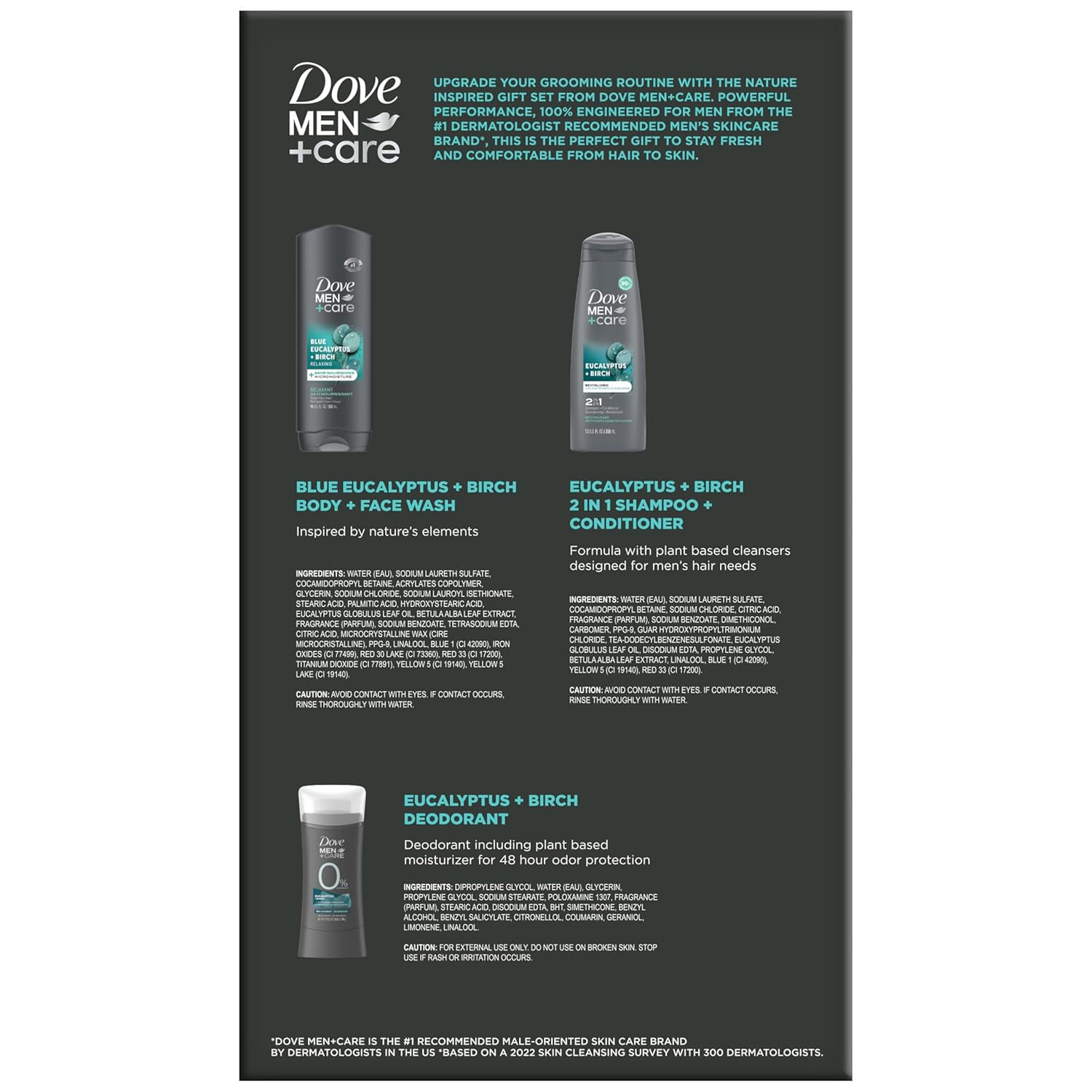 Dove Men + Care Bundle – Blue Eucalyptus + Birch Body + Face Wash, 2-in-1 Shampoo + Conditioner & 48H Aluminum-Free Deodorant (3 Piece Set)