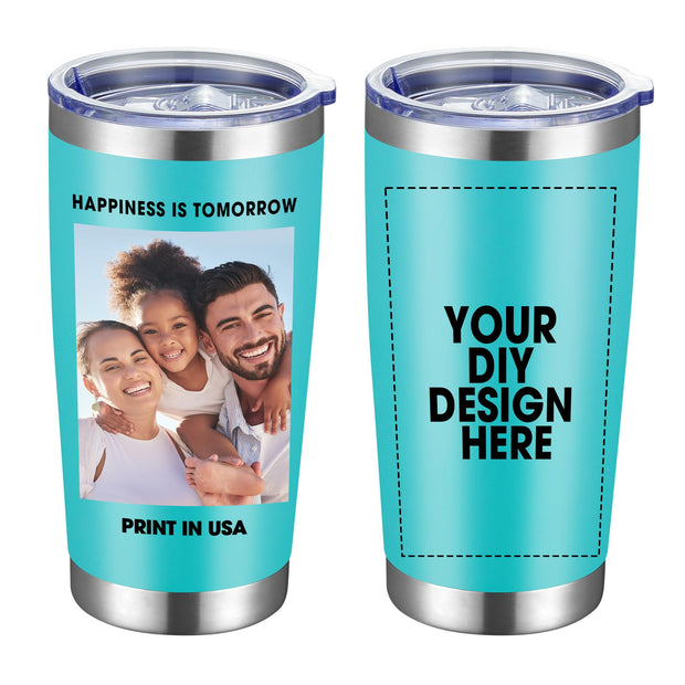 Personalized Custom Tumbler Print in USA 20oz Stainless Steel Coffee Cup with Lid & Straw Double Wall Insulated Tumbler with Colorful Text Logo Photo