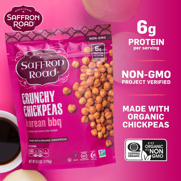 Saffron Road Roasted and Crunchy Sea Salt and Cracked Pepper Chickpeas | High Protein Snacks | Gluten-free, Vegan, Non-GMO, and Certified Halal and Kosher | 5.4oz Pouch | Pack of 6