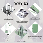 Manicure Set 10 in 1 Stainless Steel, Nail Clippers Scissors Pedicure Tools Kit - Portable Travel Grooming Kit for Men and Women with Leather Case (Jade Green)