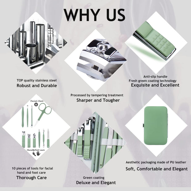 Manicure Set 10 in 1 Stainless Steel, Nail Clippers Scissors Pedicure Tools Kit - Portable Travel Grooming Kit for Men and Women with Leather Case (Jade Green)