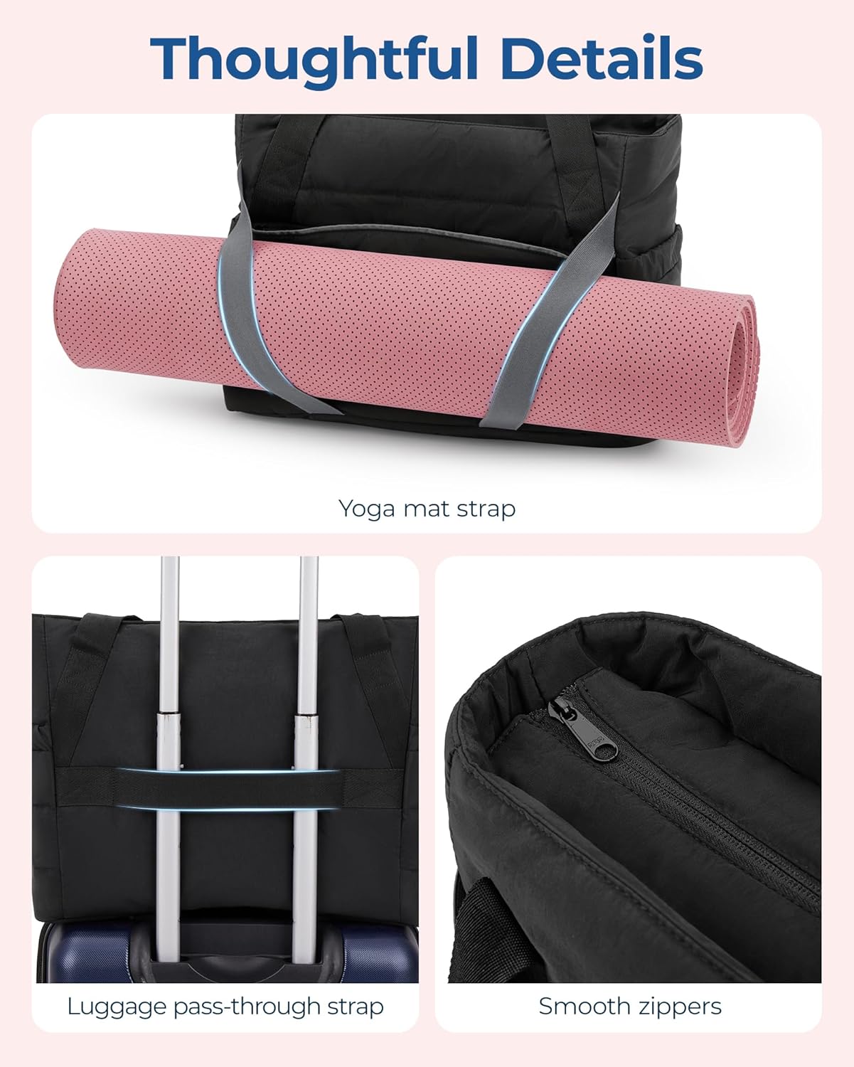 BAGSMART Tote Bag for Women with Zipper, Yoga Mat Bag Gym Tote for Travel, Work, Sport