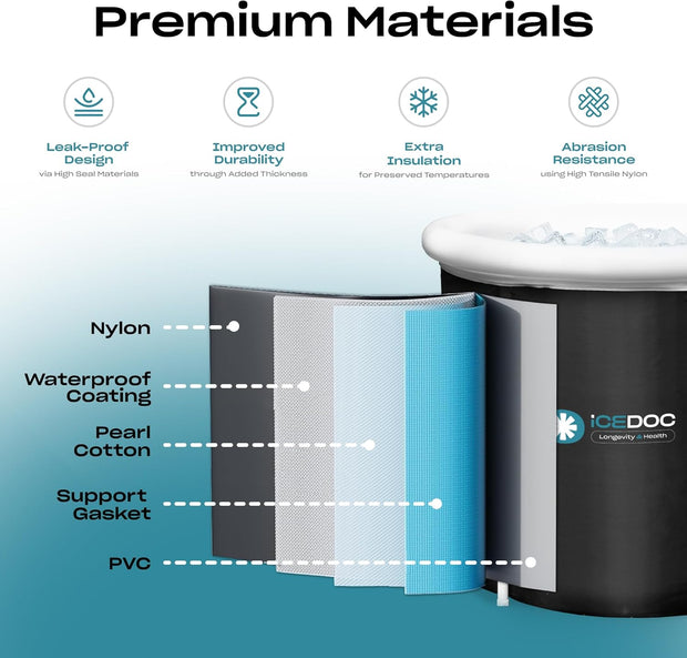 Recovery Long Pod XXL, Cold Plunge Ice Bath Tub for Athletes and Adults, Inflatable Cold Therapy Ice Barrel with Protective Lid Cover, Hooded Bathrobe, Stopwatch, Anti-Slip Mat
