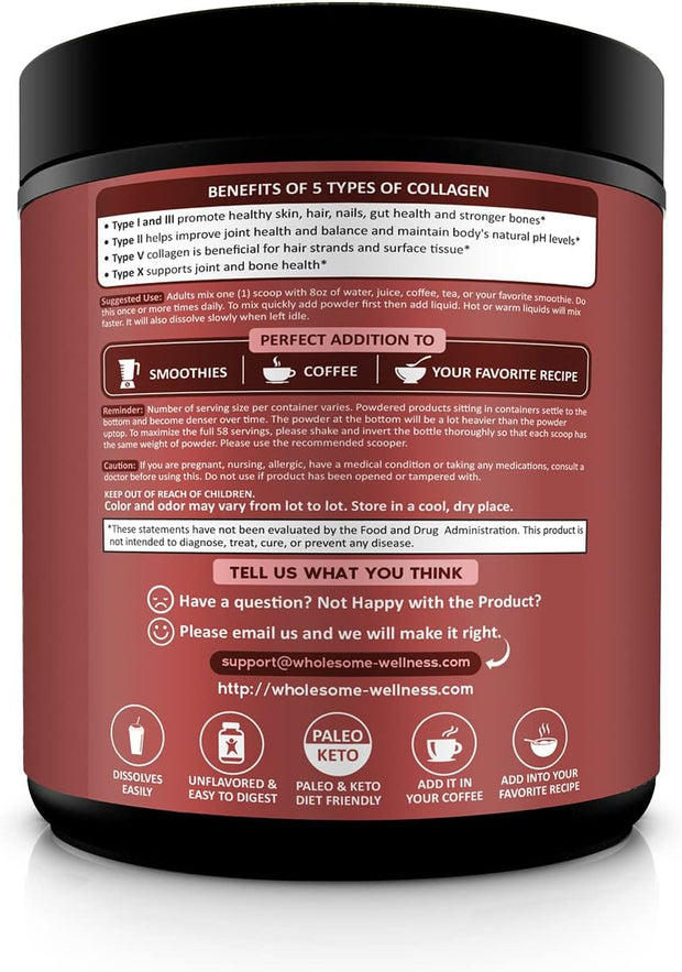 Wholesome Wellness Multi Collagen Protein Powder Hydrolyzed (Type I II III V X) Grass-Fed All-in-One Super Bone Broth + Peptides - Premium Blend of Beef, Chicken, Wild Fish, Eggshell, 58 Servings
